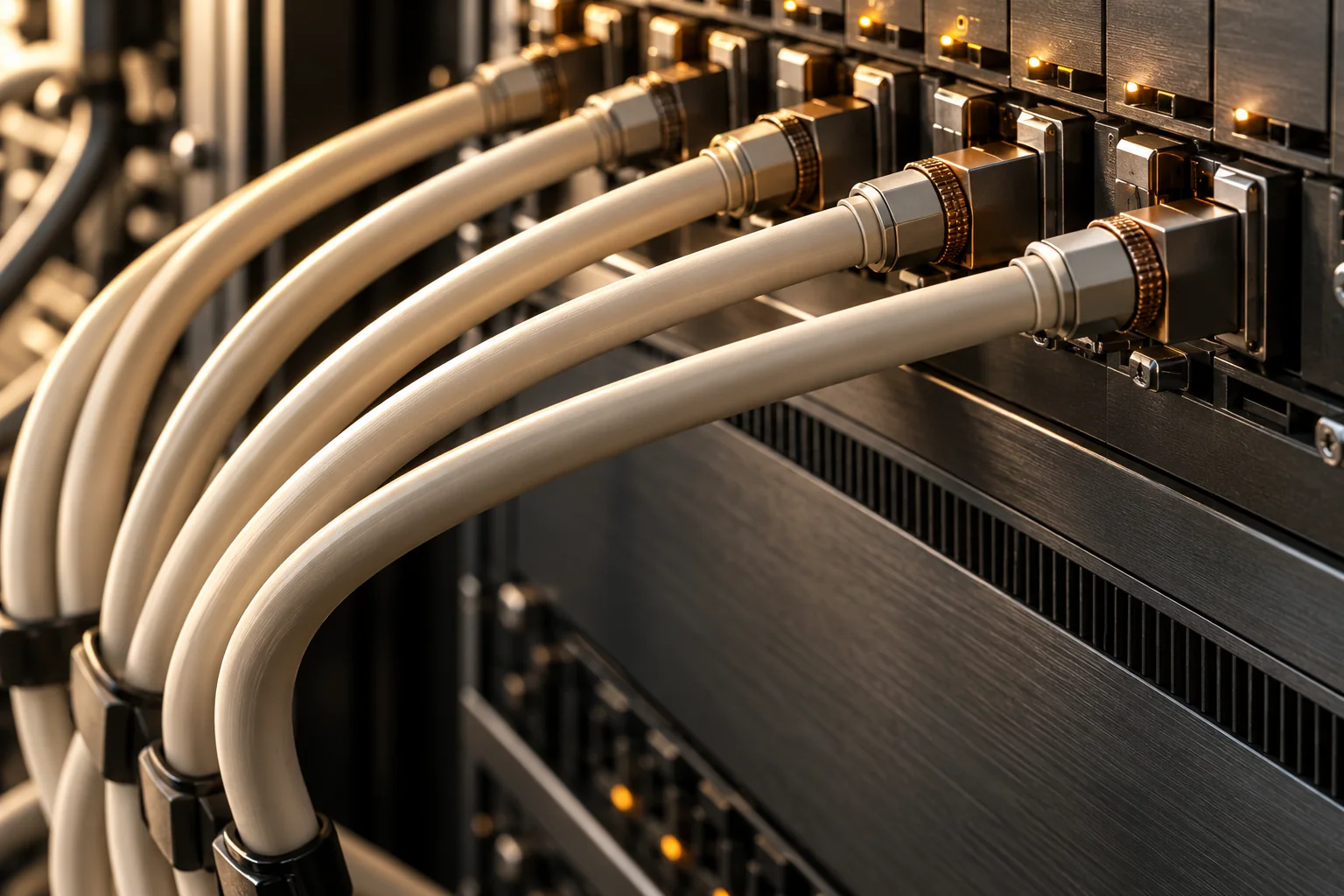 Illustrative close-up of ivory communications cables connected to a graphite panel with copper details.
